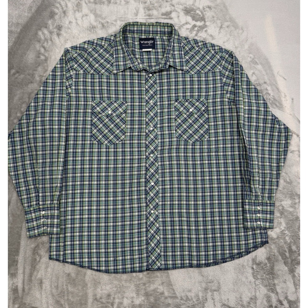 Vintage Wrangler‎ Pearl Snap Shirt Mens 2XL XXL Blue Green Plaid Western Cowboy